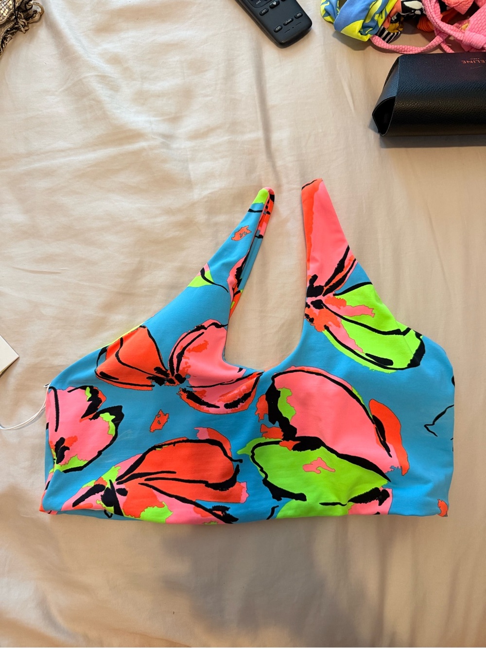 Maaji Vibrant Floral Print Bikini Top - Neon Pink & Blue nwt one shoulder large